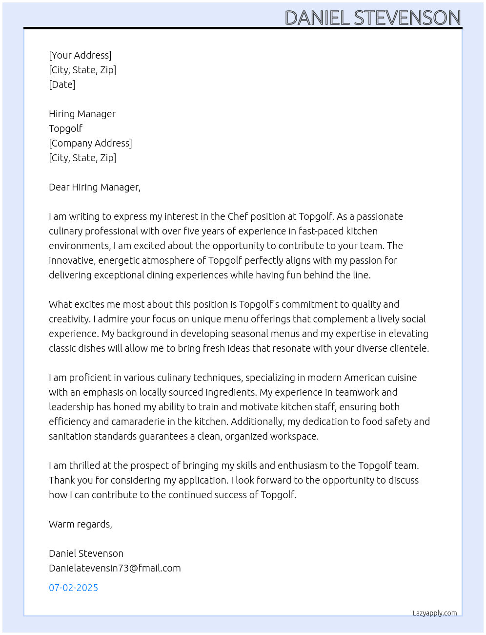 Chef At Top golf Cover Letter