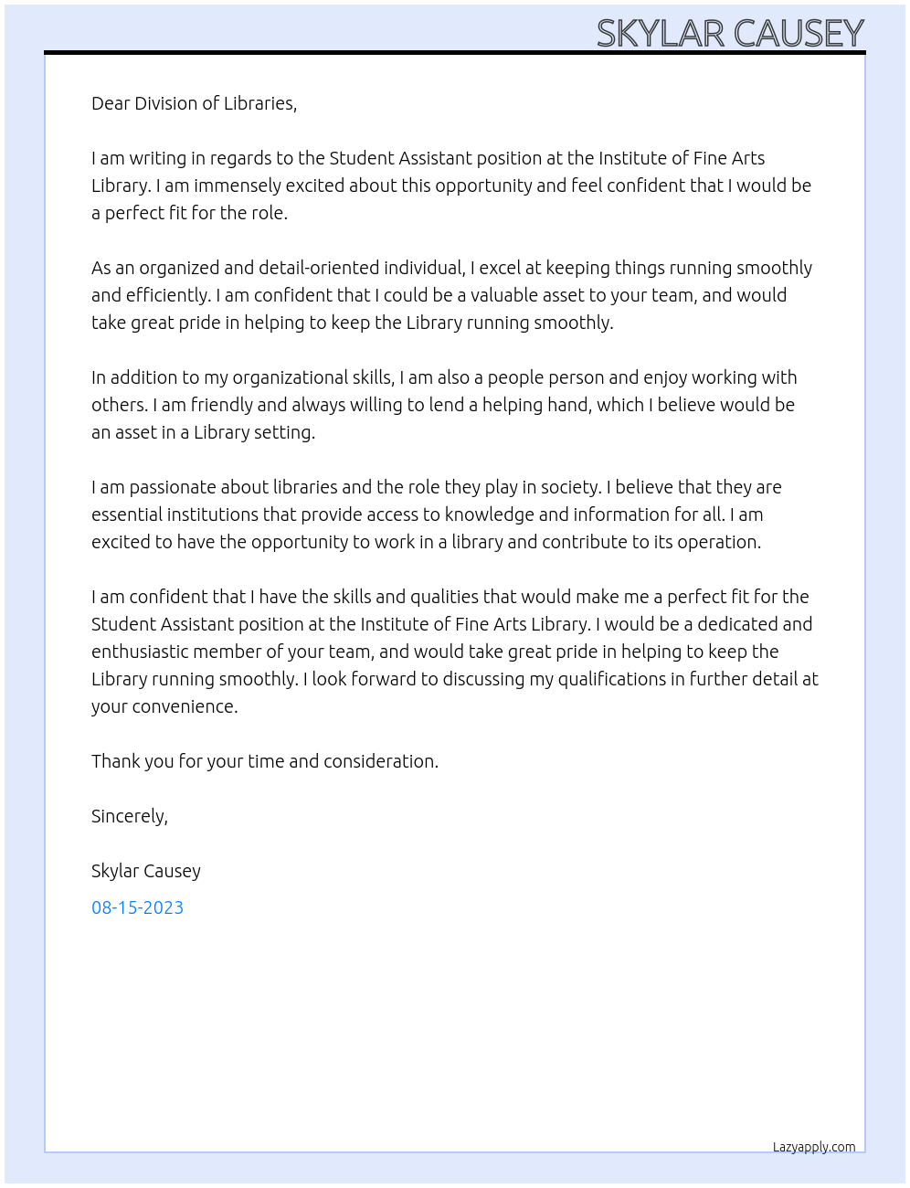 Student Assistant  At Institute of Fine Arts Library  Cover Letter