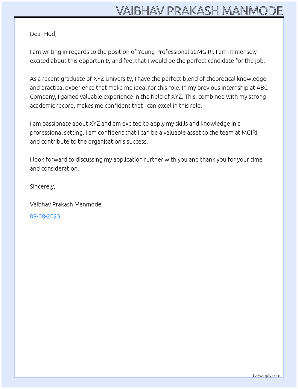 Young Professional At MGIRI Cover Letter