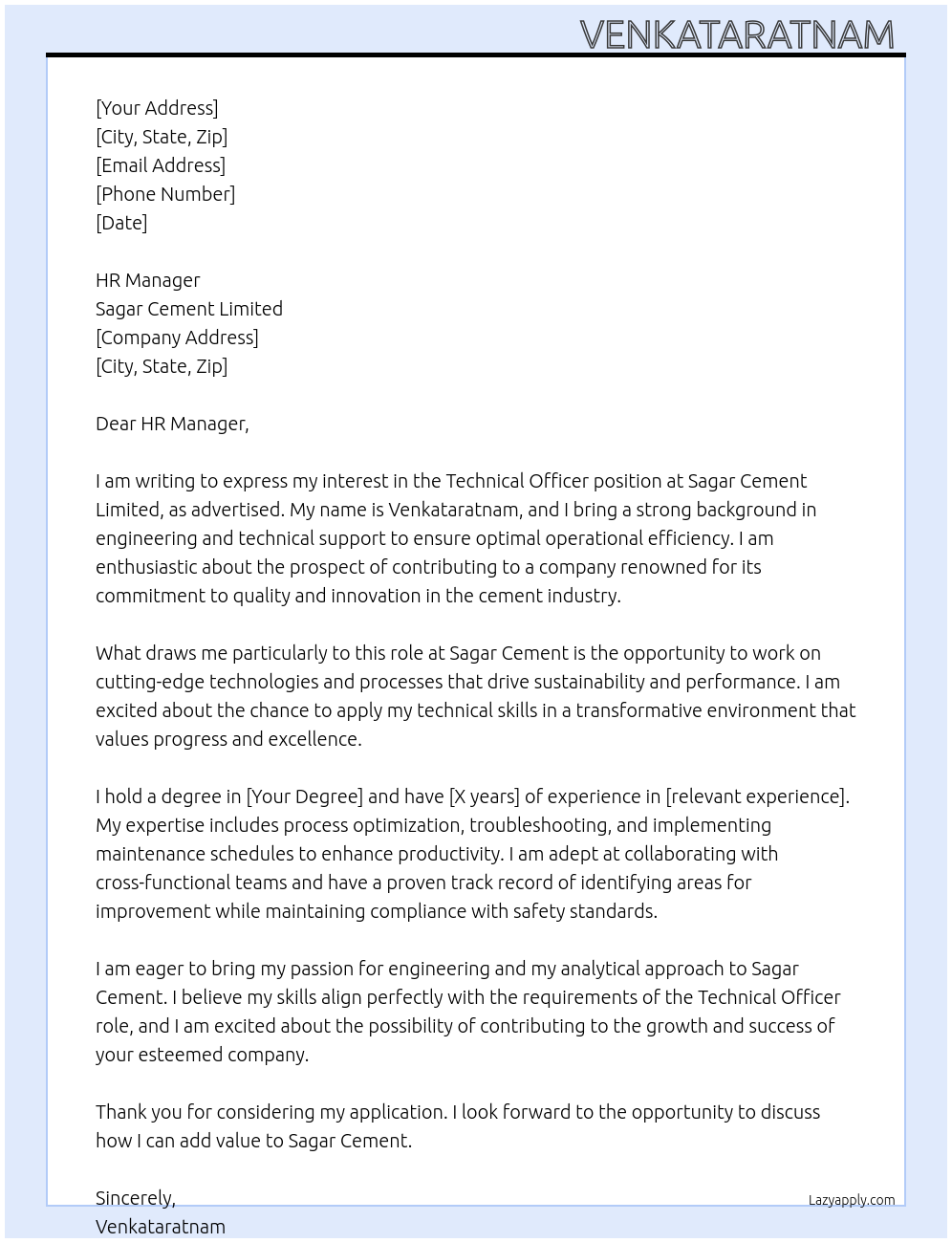 Cover letter for technical officer - LazyApply