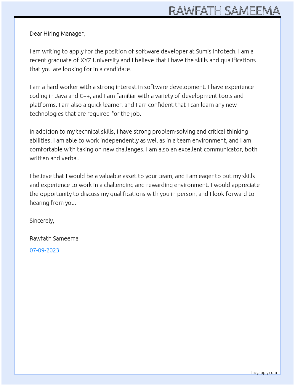 Software developer fresher At Sumis infotech Cover Letter