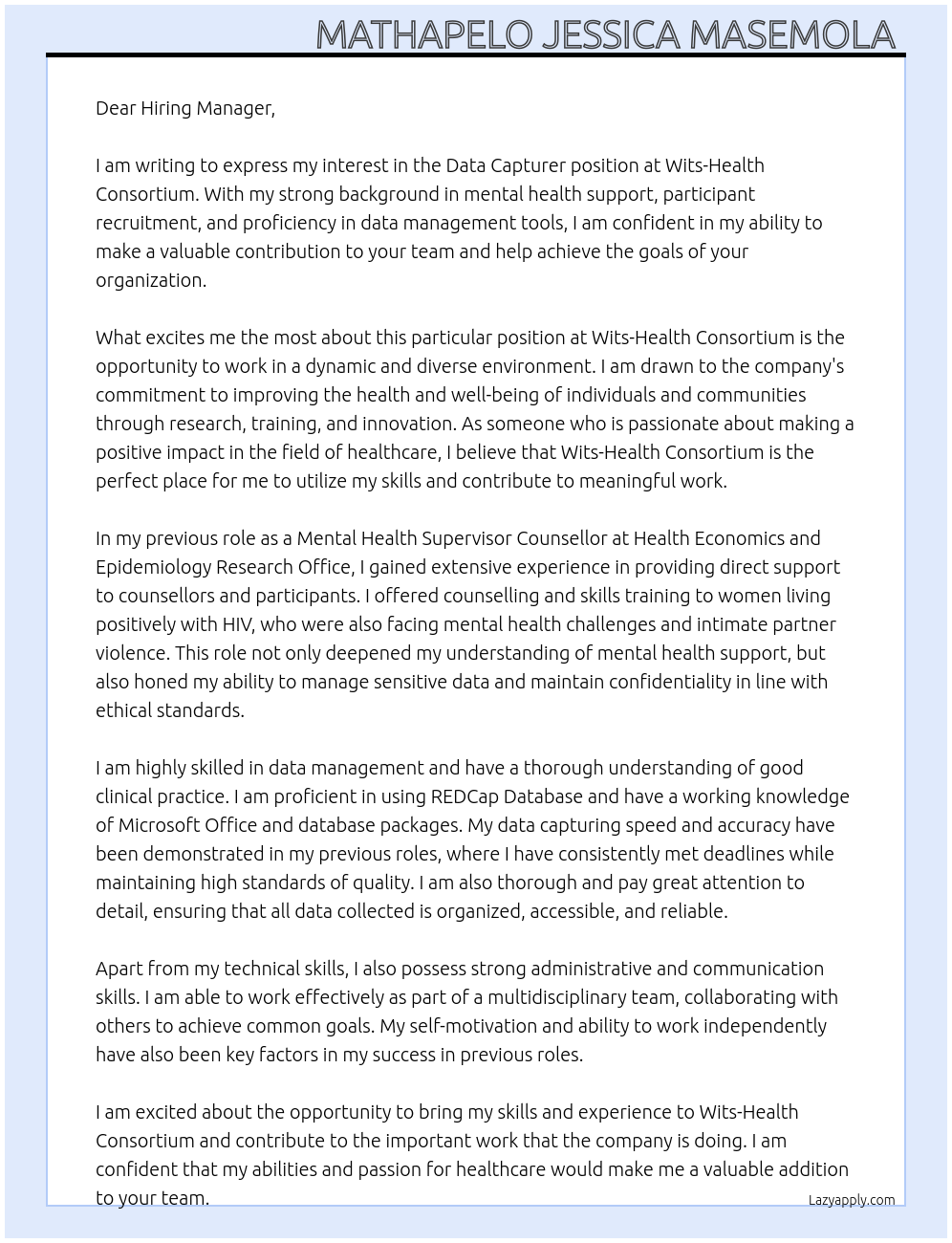 Data Capturer At Wits-Health Consortium Cover Letter