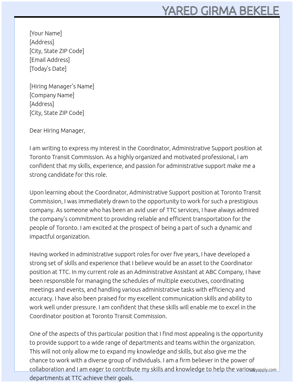 Cover letter for coordinator, administrative support - LazyApply