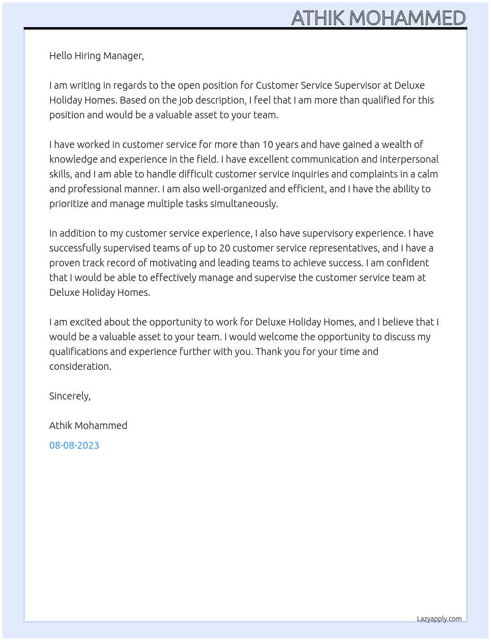 Customer service supervisor At Deluxe holiday home's Cover Letter