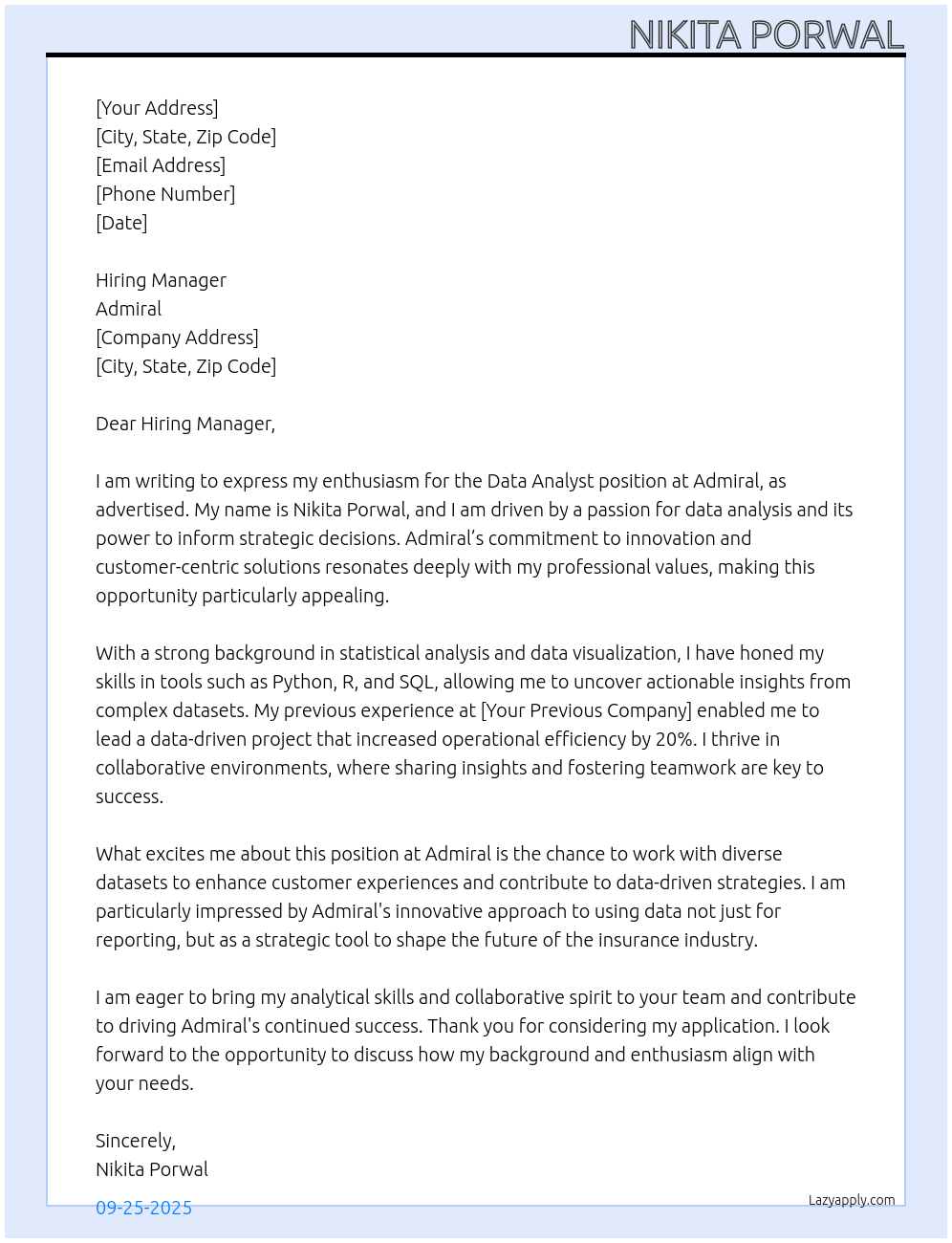 Data Analyst At Admiral Cover Letter