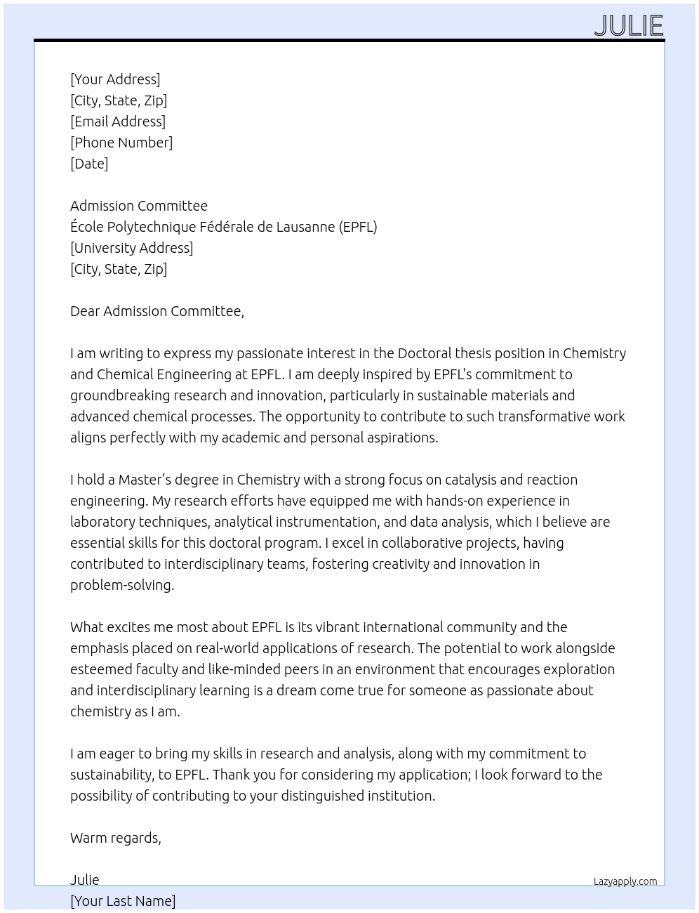 Cover letter for doctoral thesis in chemistry and chemical engineering - LazyApply