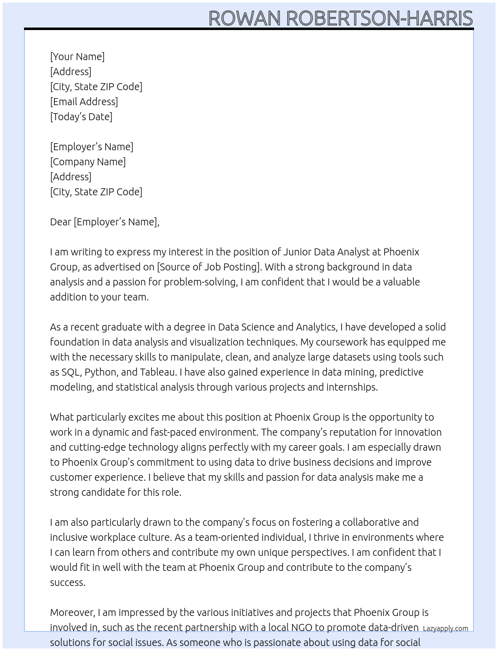 Junior Data Analyst At Phoenix Group Cover Letter