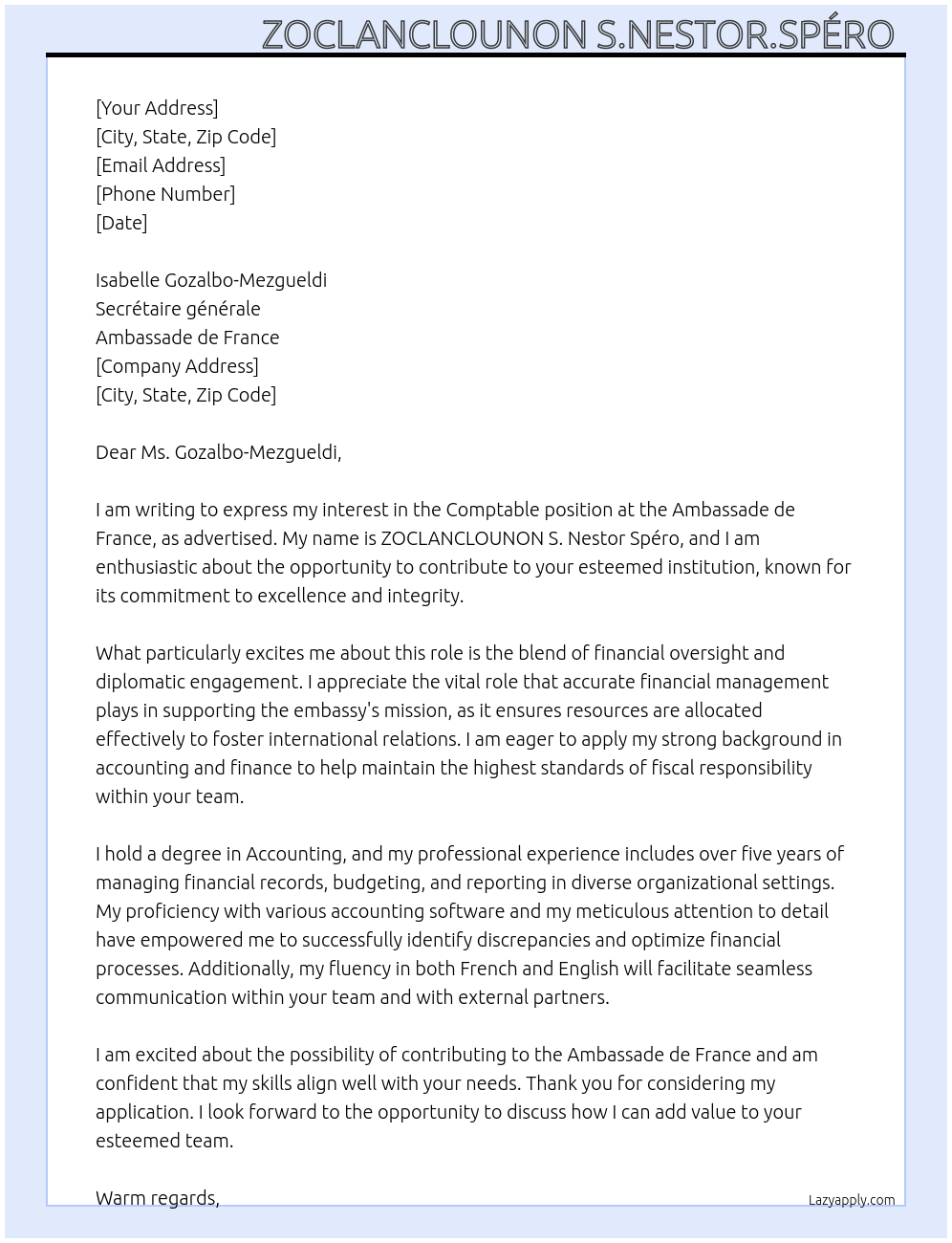 Cover letter for comptable - LazyApply