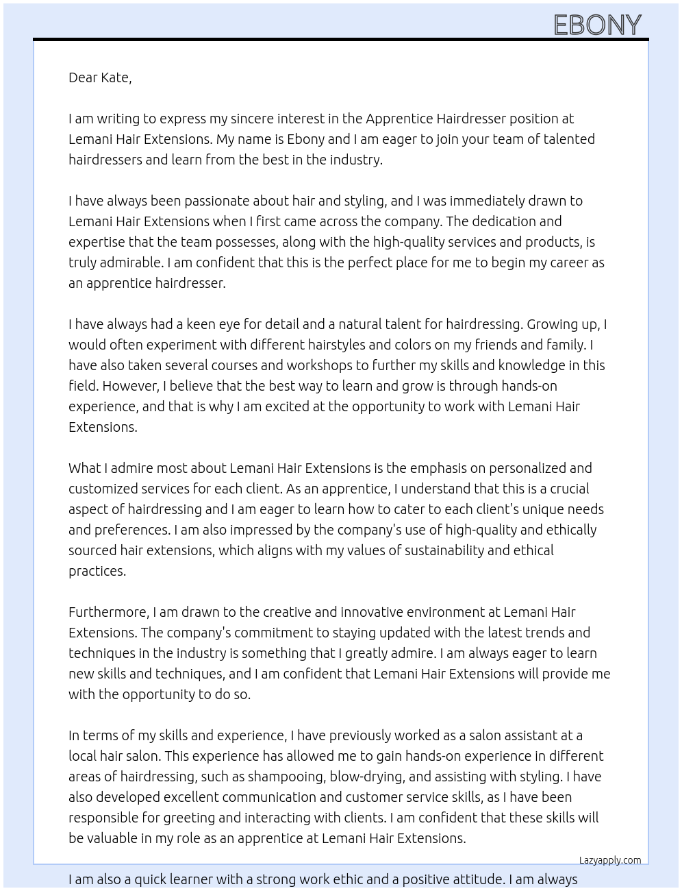 Apprentice Hairdresser  At Lemani Hair Extensions  Cover Letter
