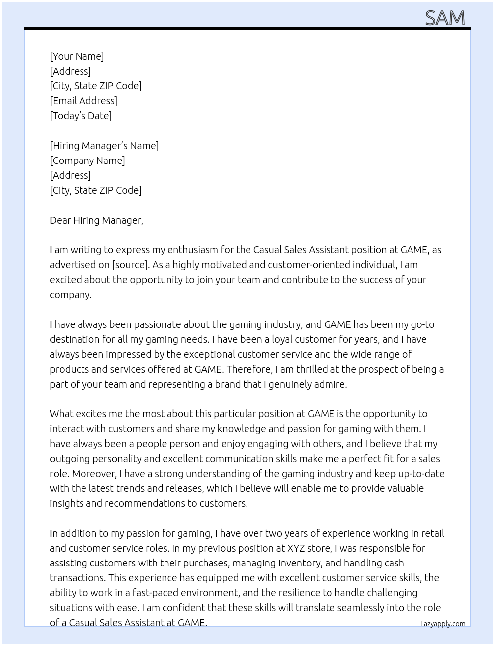 Casual sales assistant  At GAME Cover Letter