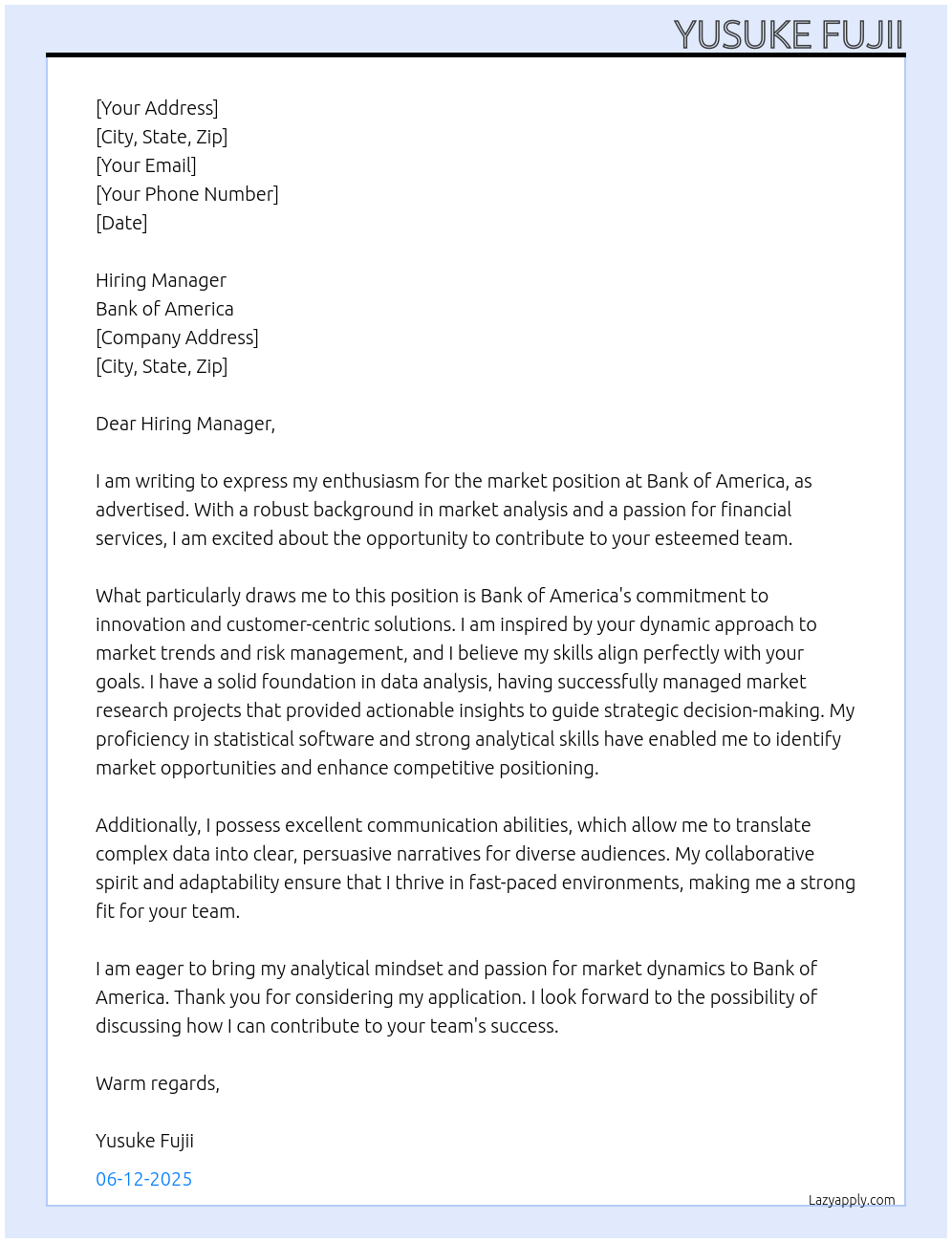 Market At Bank of America Cover Letter