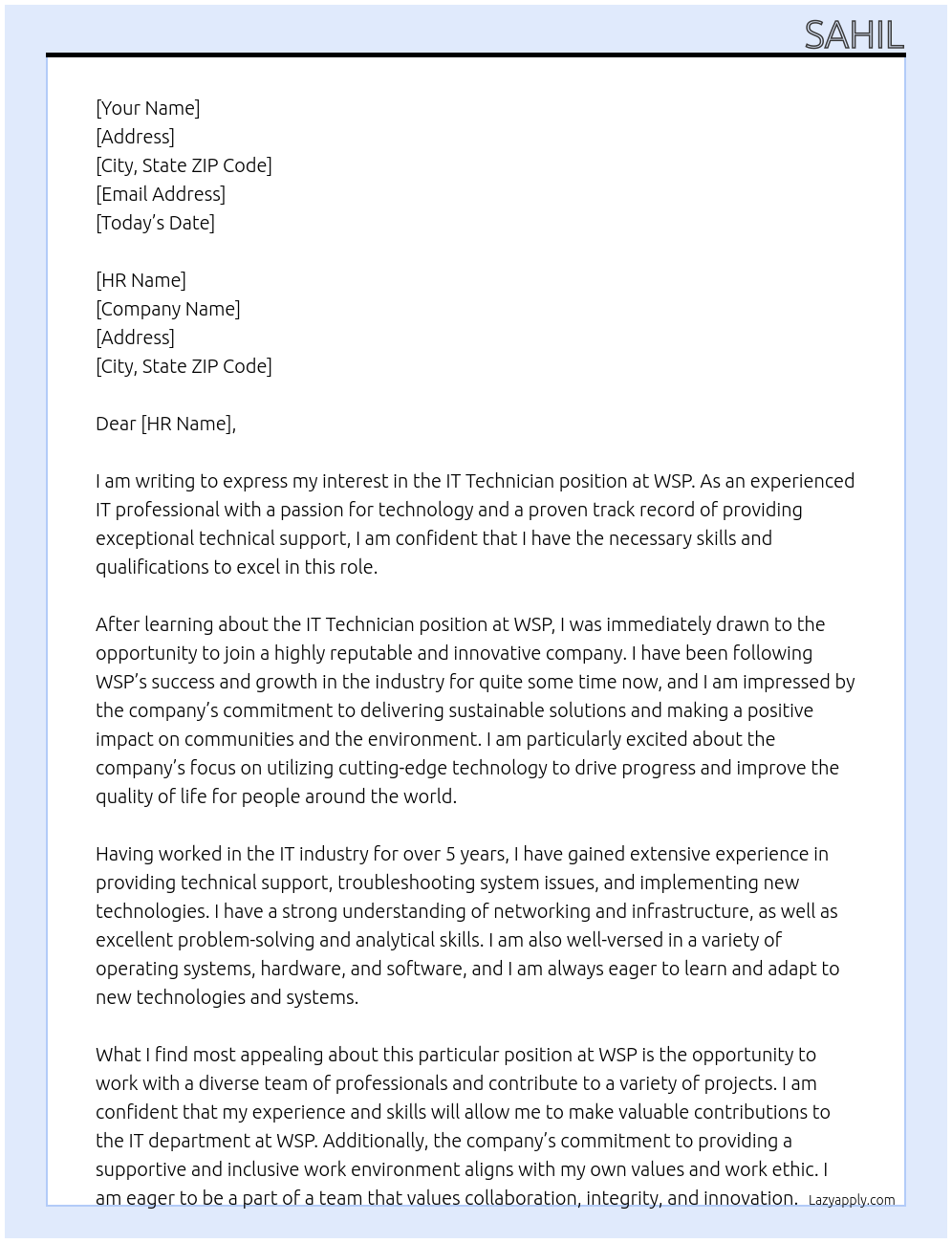 It Technician At WSP Cover Letter