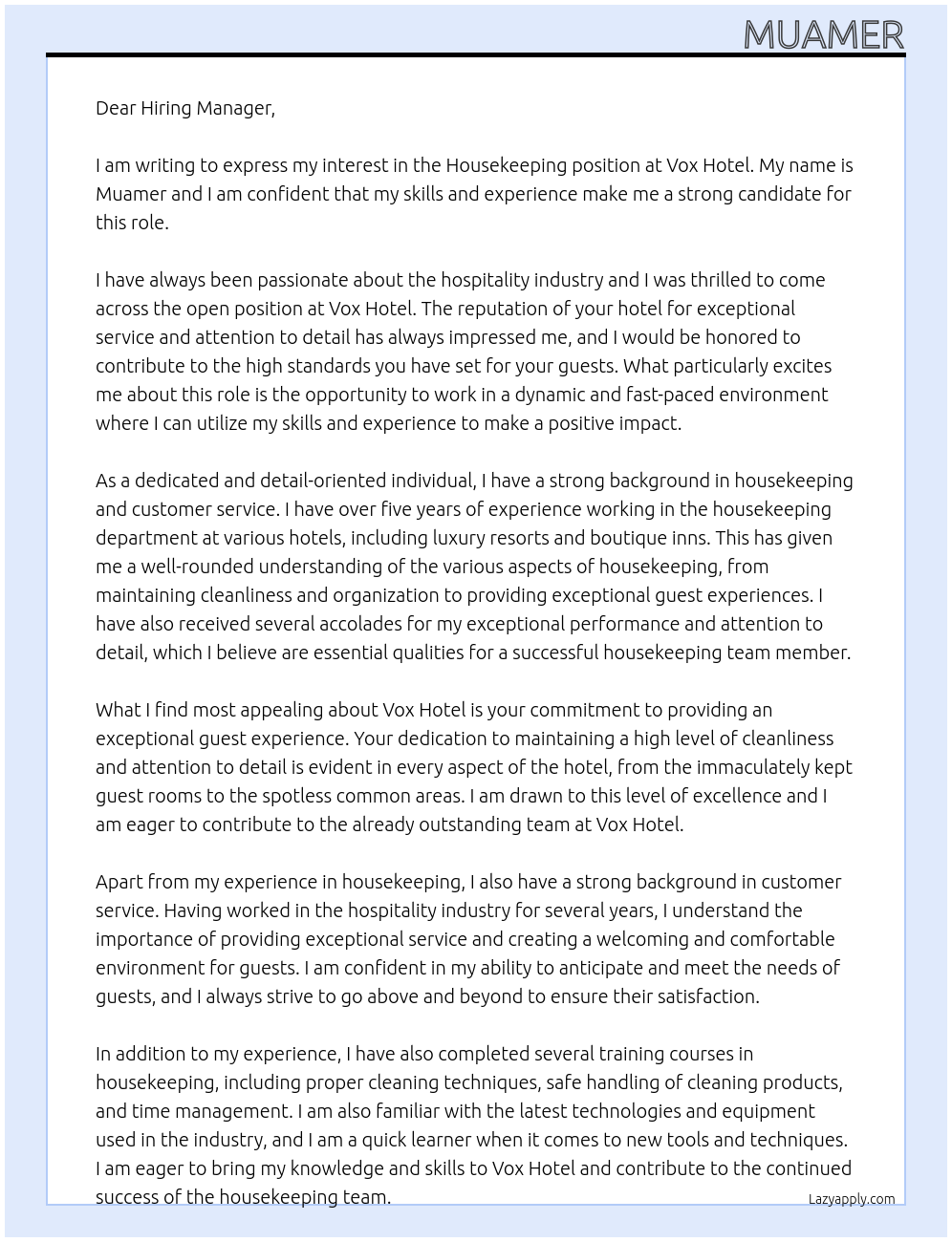 housekeeping At vox hotel Cover Letter
