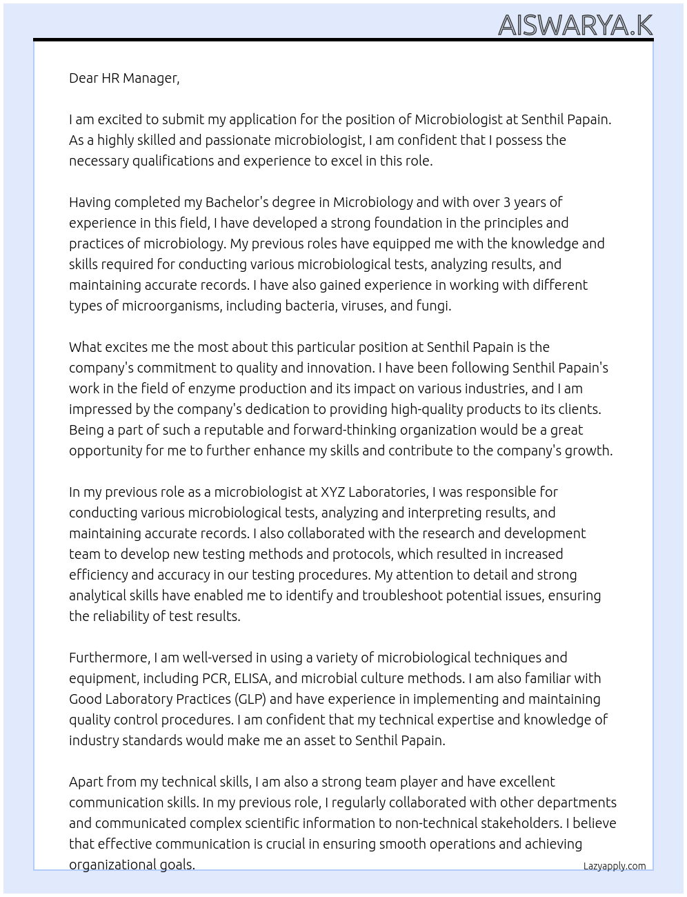 microbiologist At senthil papain Cover Letter