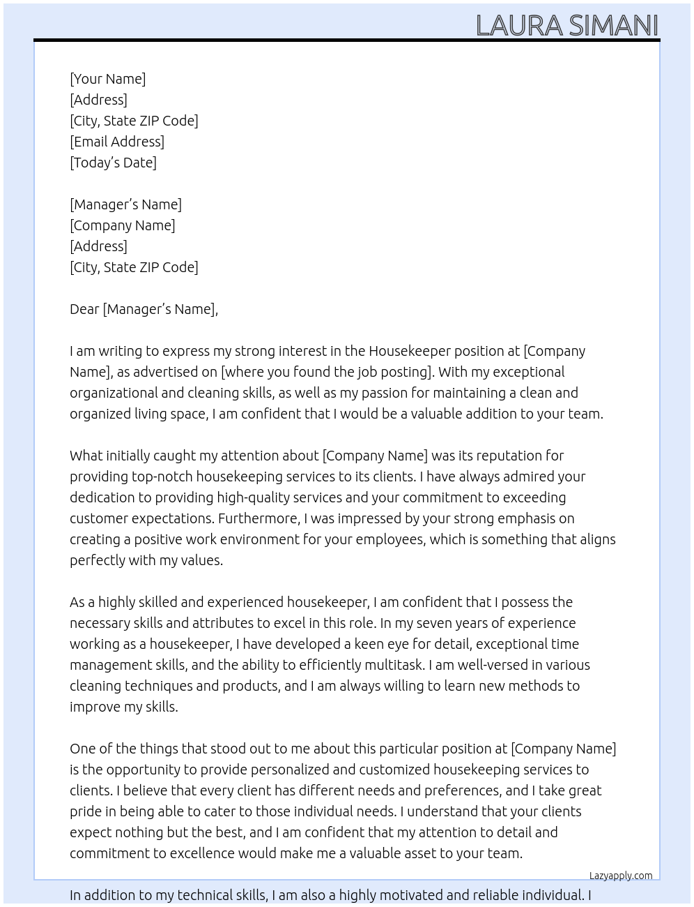 House keeper At house manager Cover Letter