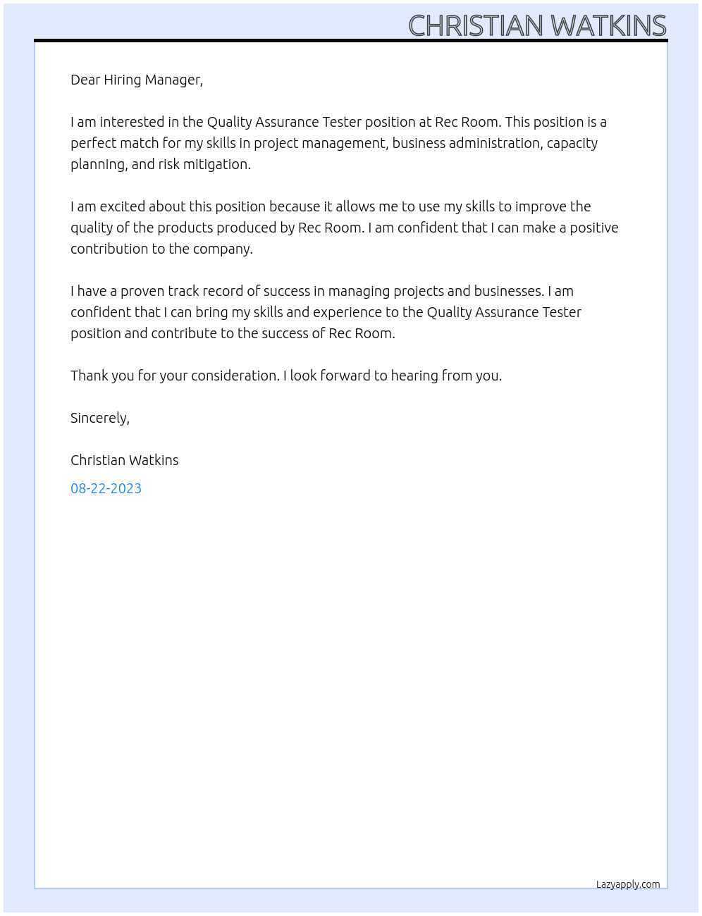 Quality Assurance Tester At Rec Room Cover Letter