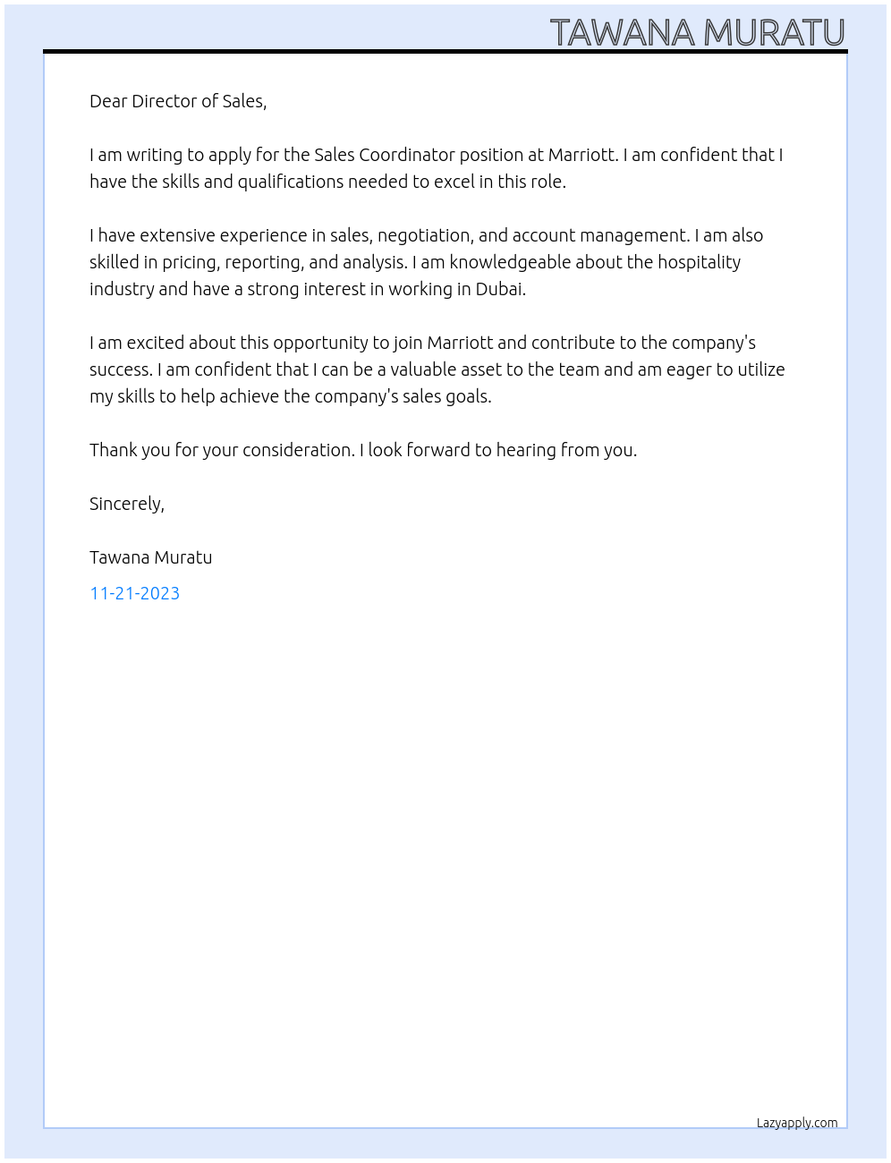 Sales Coordinator At Marriott  Cover Letter