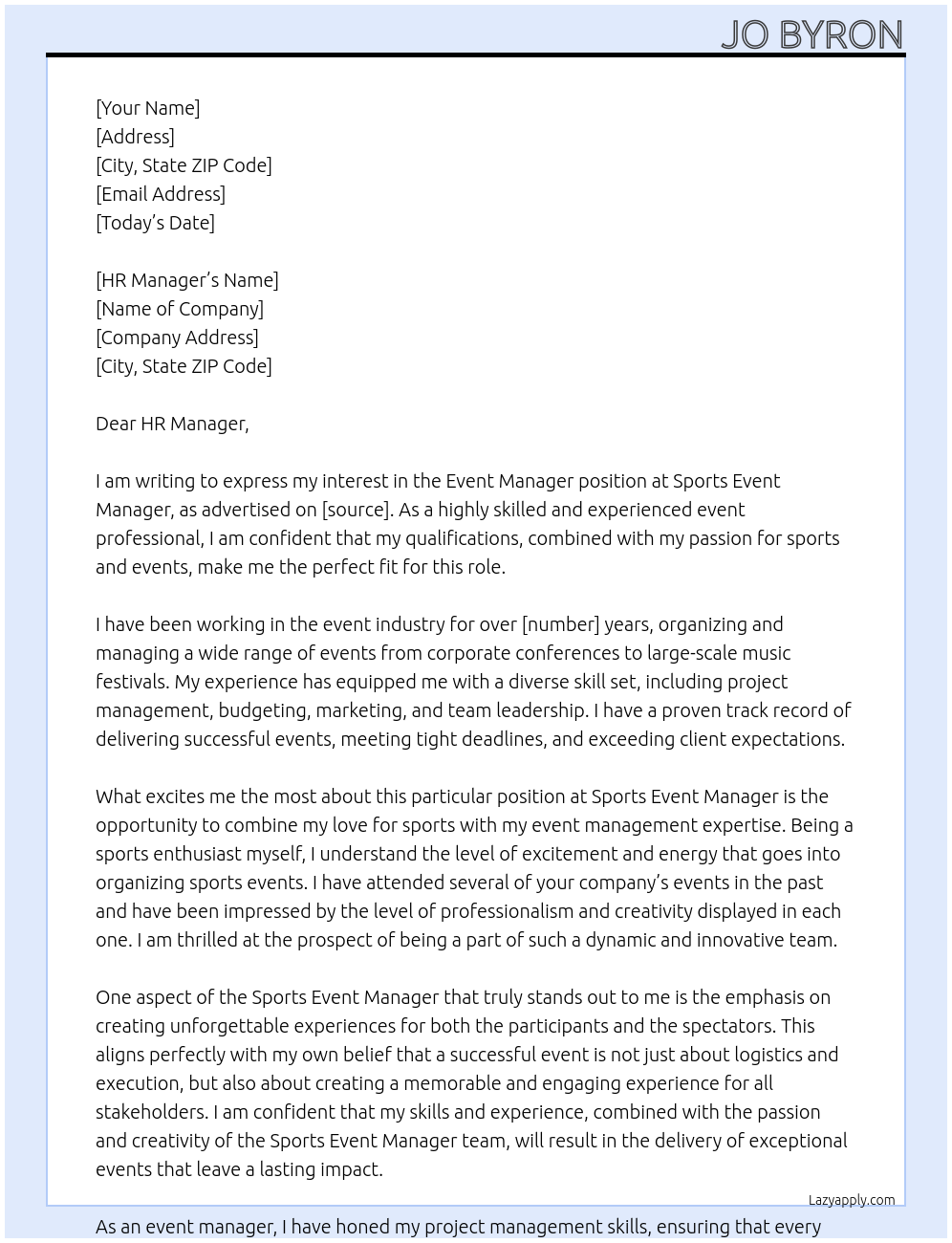 event manager At sports event manager Cover Letter
