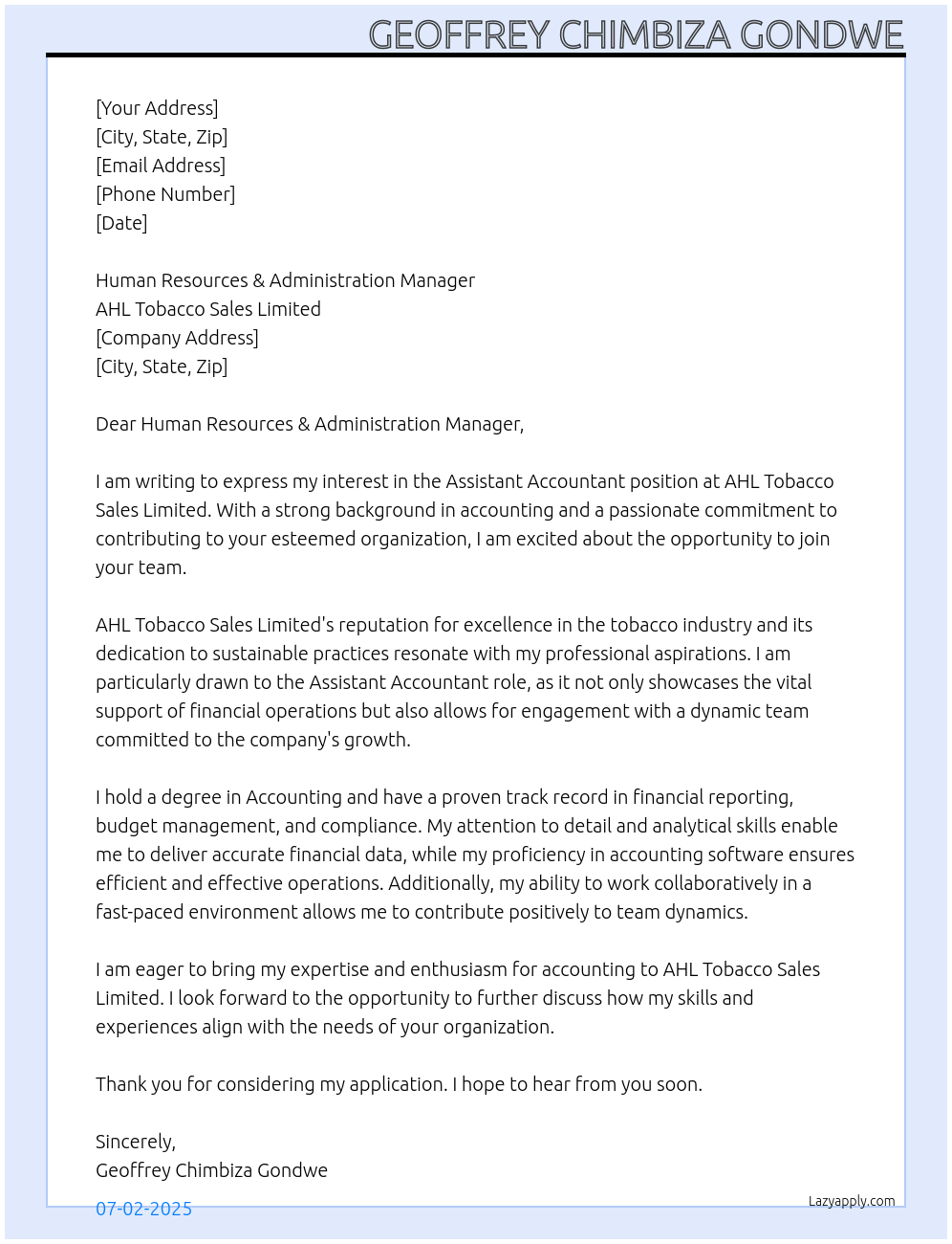 Assistant Accountant At AHL Tobacco Sales Limited Cover Letter