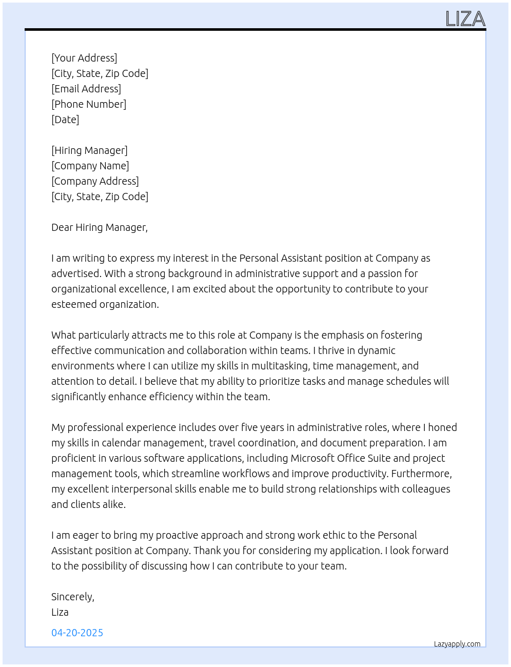 Personal Assistant At Company Cover Letter