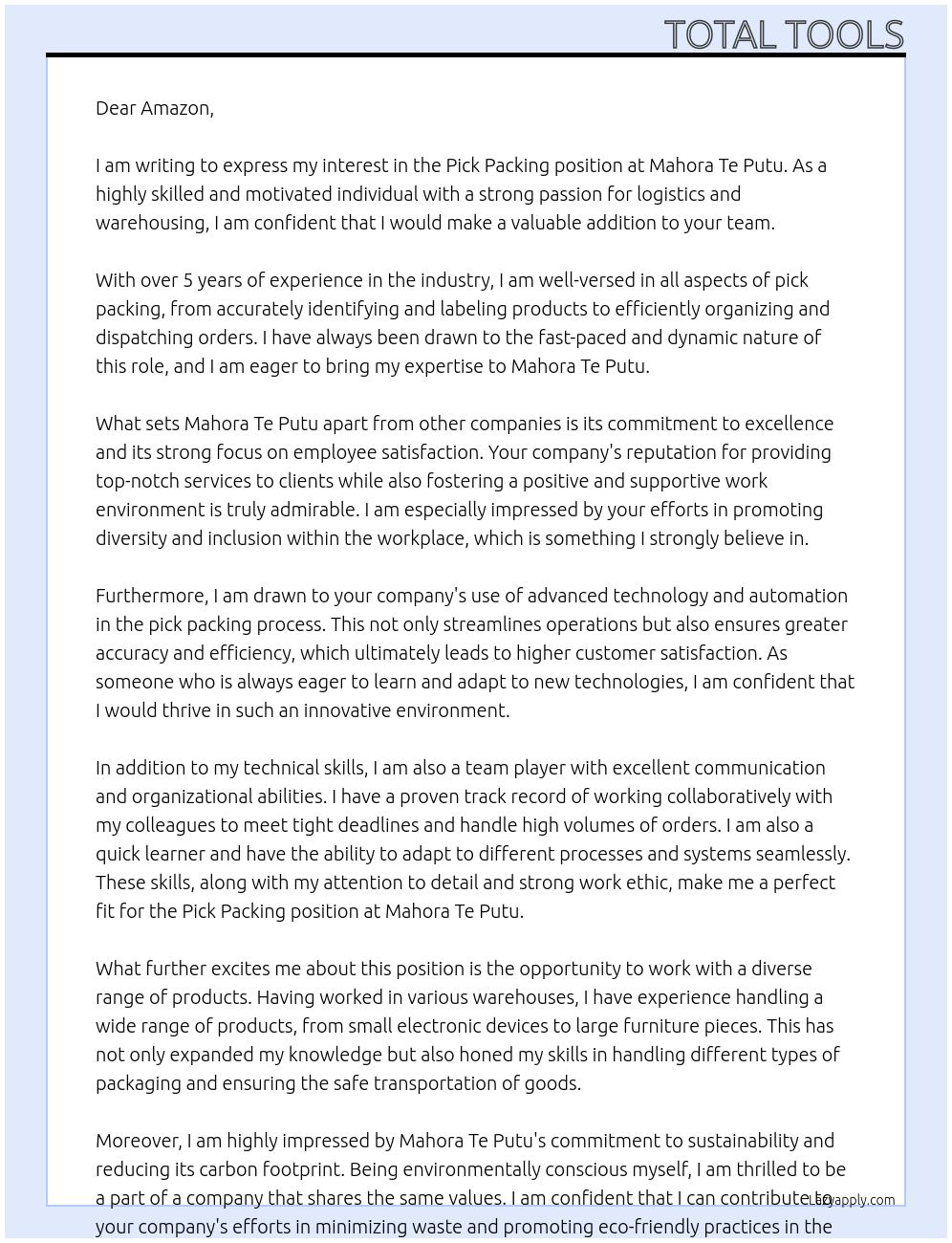 Pick Packing At Mahora Te Putu Cover Letter