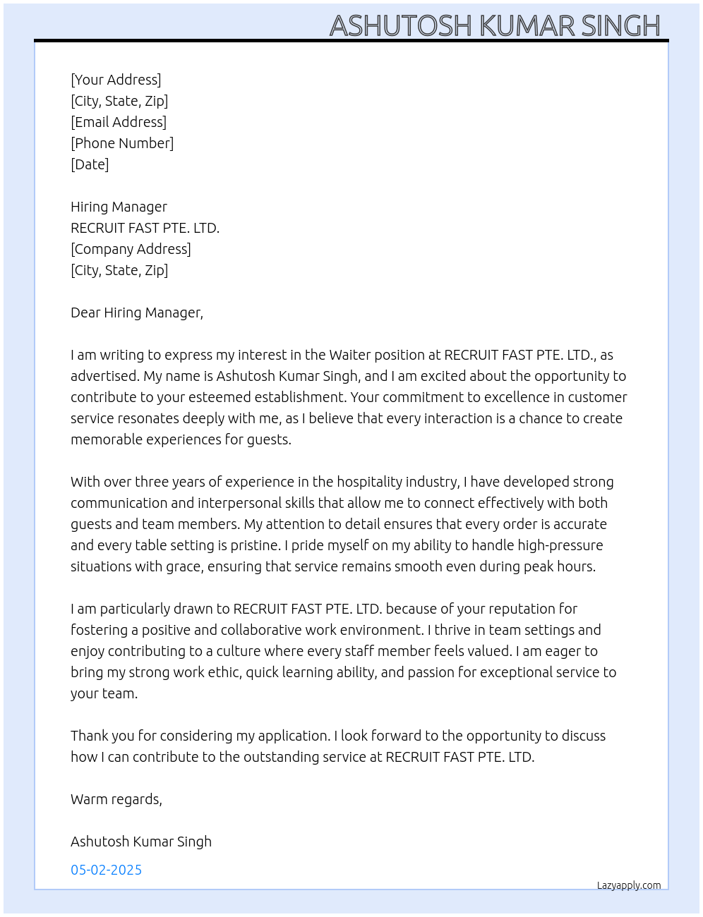 Waiter At RECRUIT FAST PTE. LTD. Cover Letter