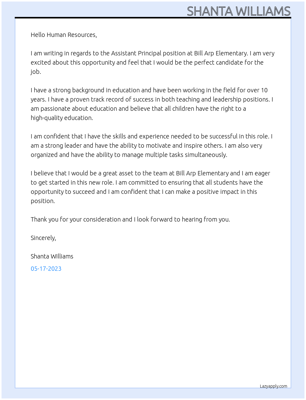 Assistant Principal At Bill Arp Elementary Cover Letter