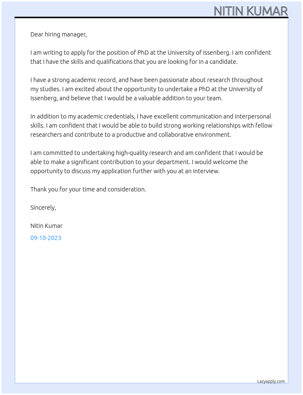 phd At university of issenberg Cover Letter