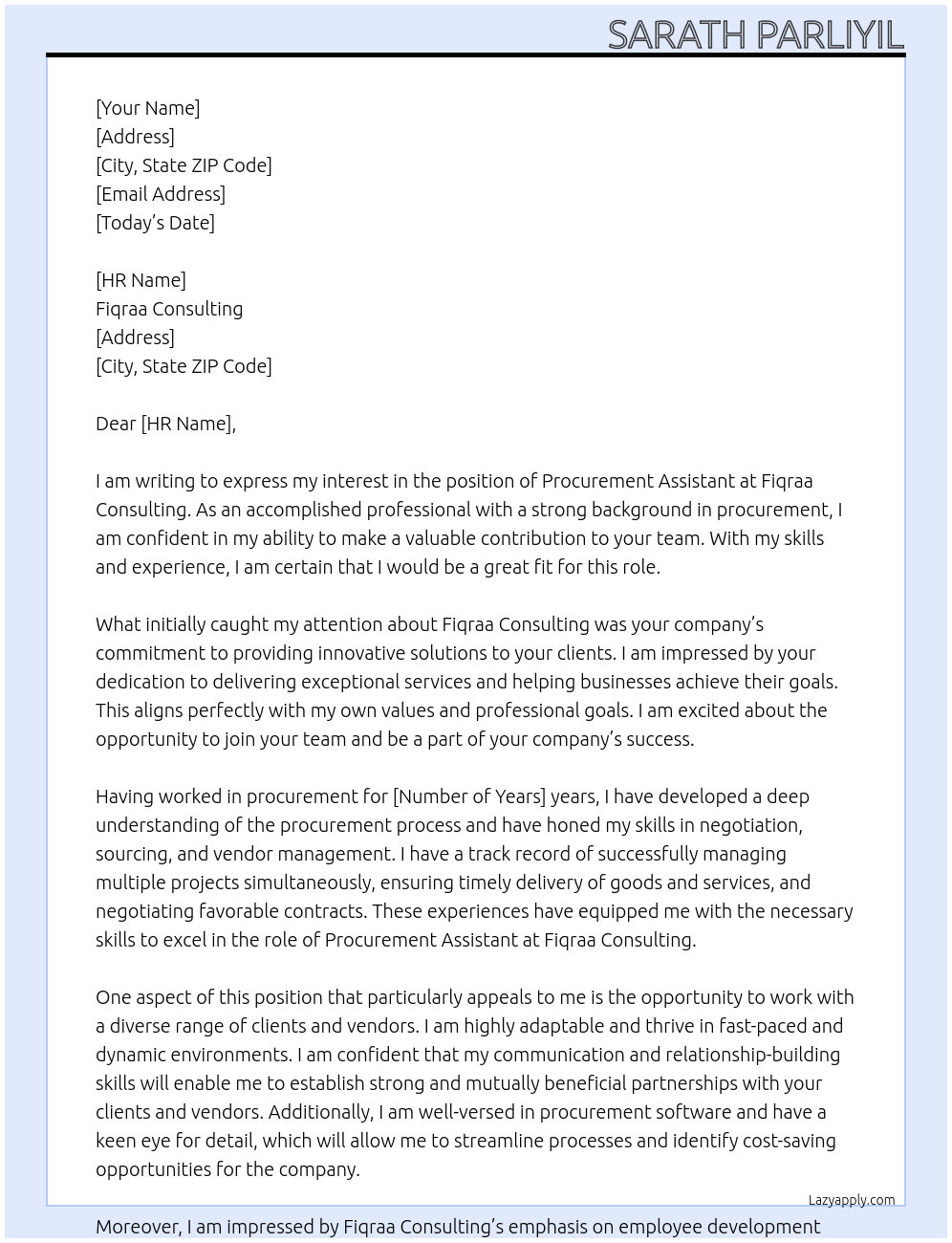 PROCUREMENT ASSISTANT At Fiqraa Consulting Cover Letter