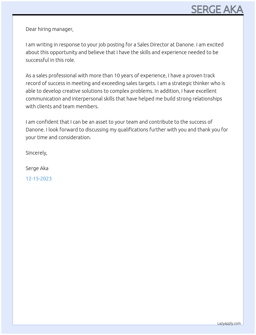 Sales director At Danone Cover Letter