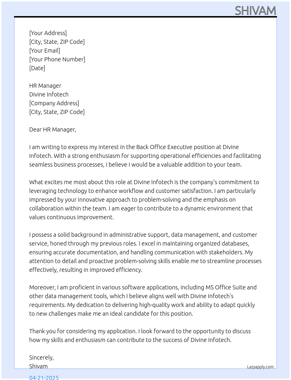 Back office executive At Divine Infotech Cover Letter