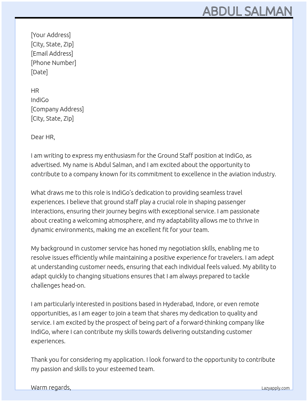 Ground staff At IndiGo Cover Letter