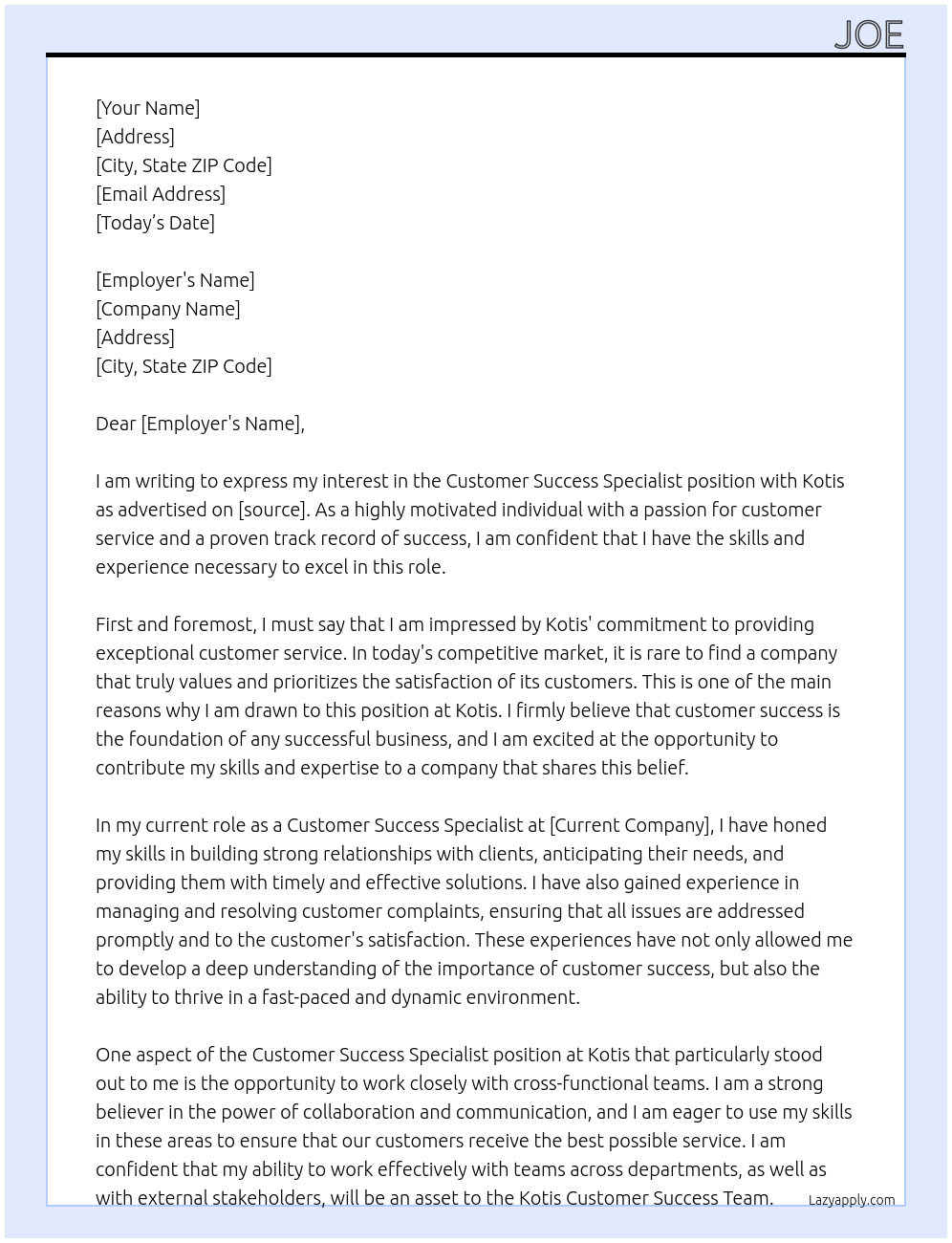 Customer Success Specialist At Kotis Cover Letter