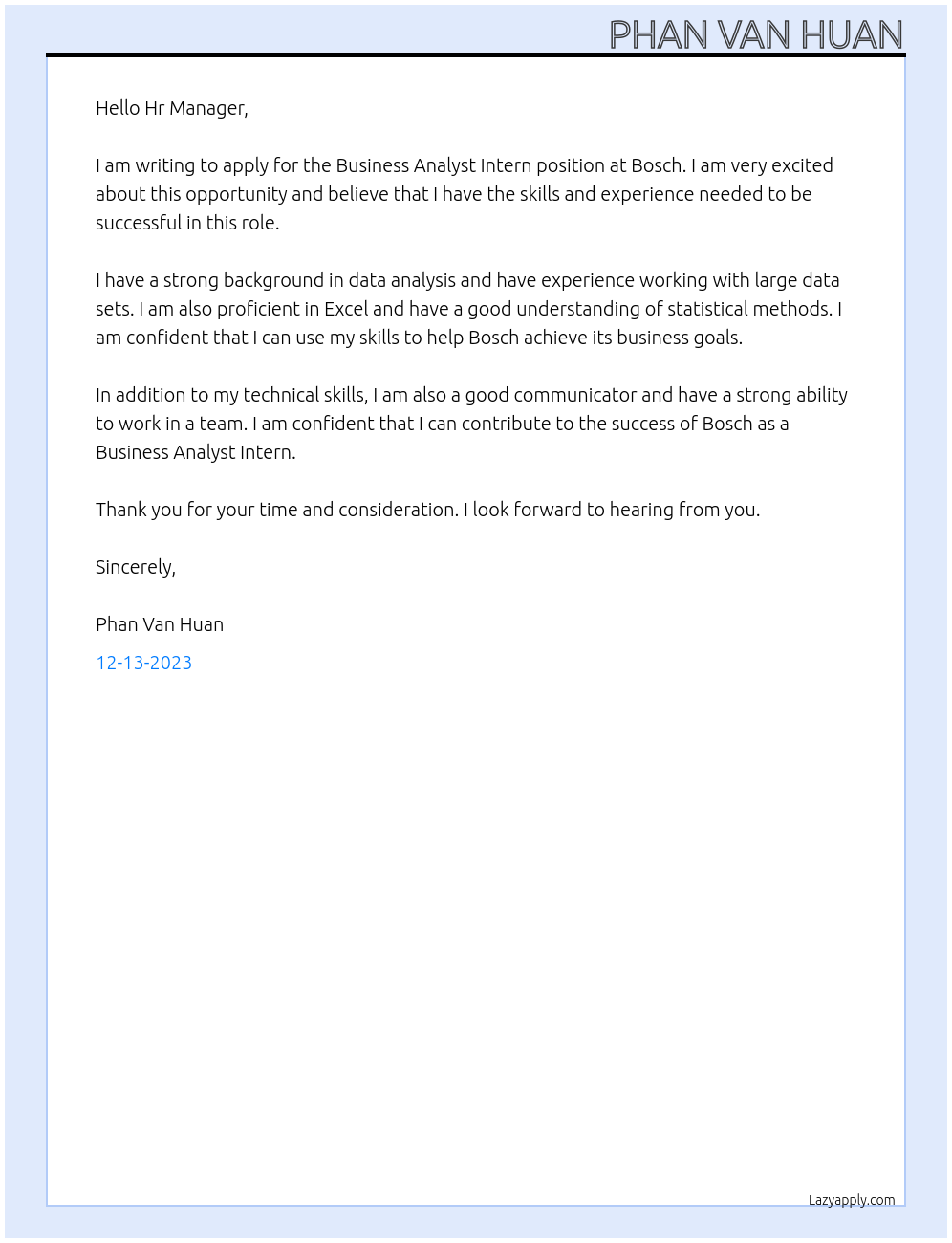 Business Analyst Intern At Bosch Cover Letter