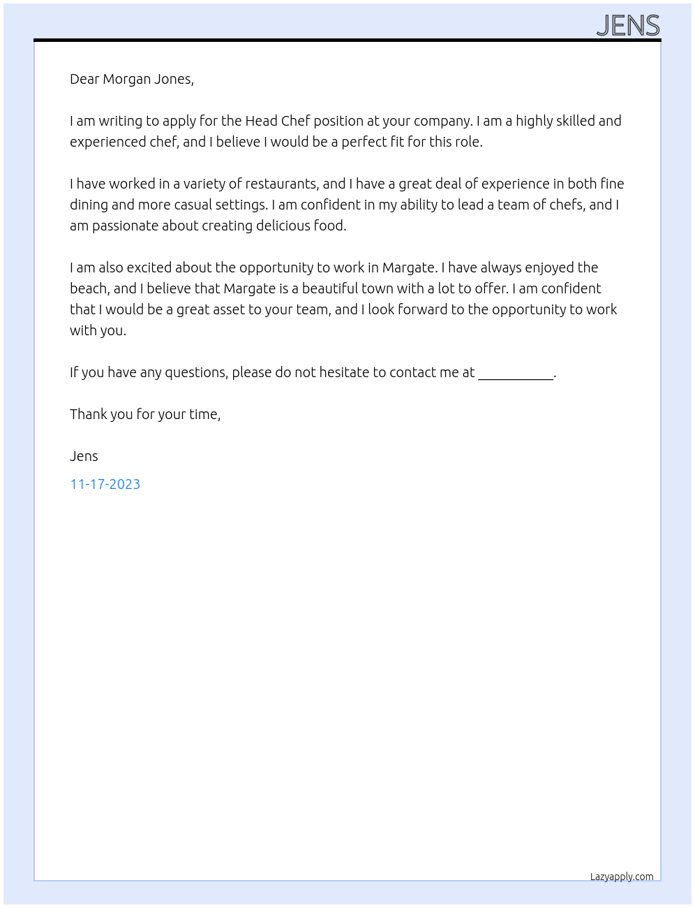 Head Chef At Morgan Jones Cover Letter