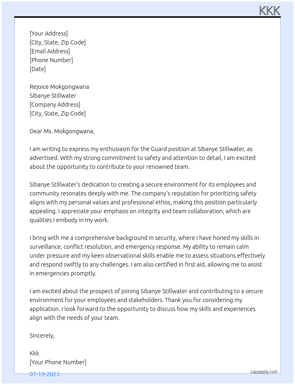 Guard At sibanye stillwater Cover Letter