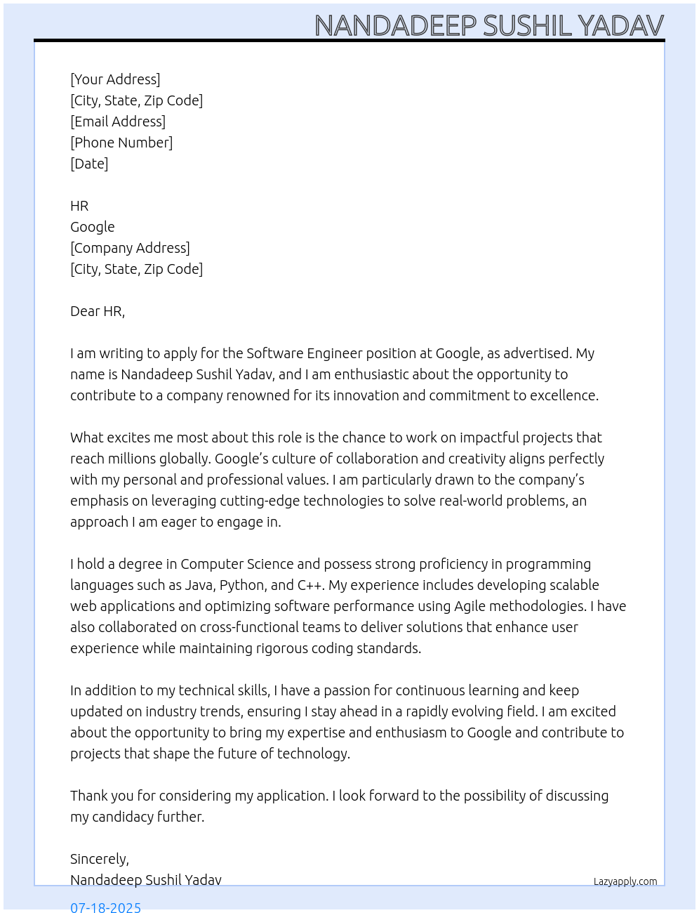 software engineer At google Cover Letter