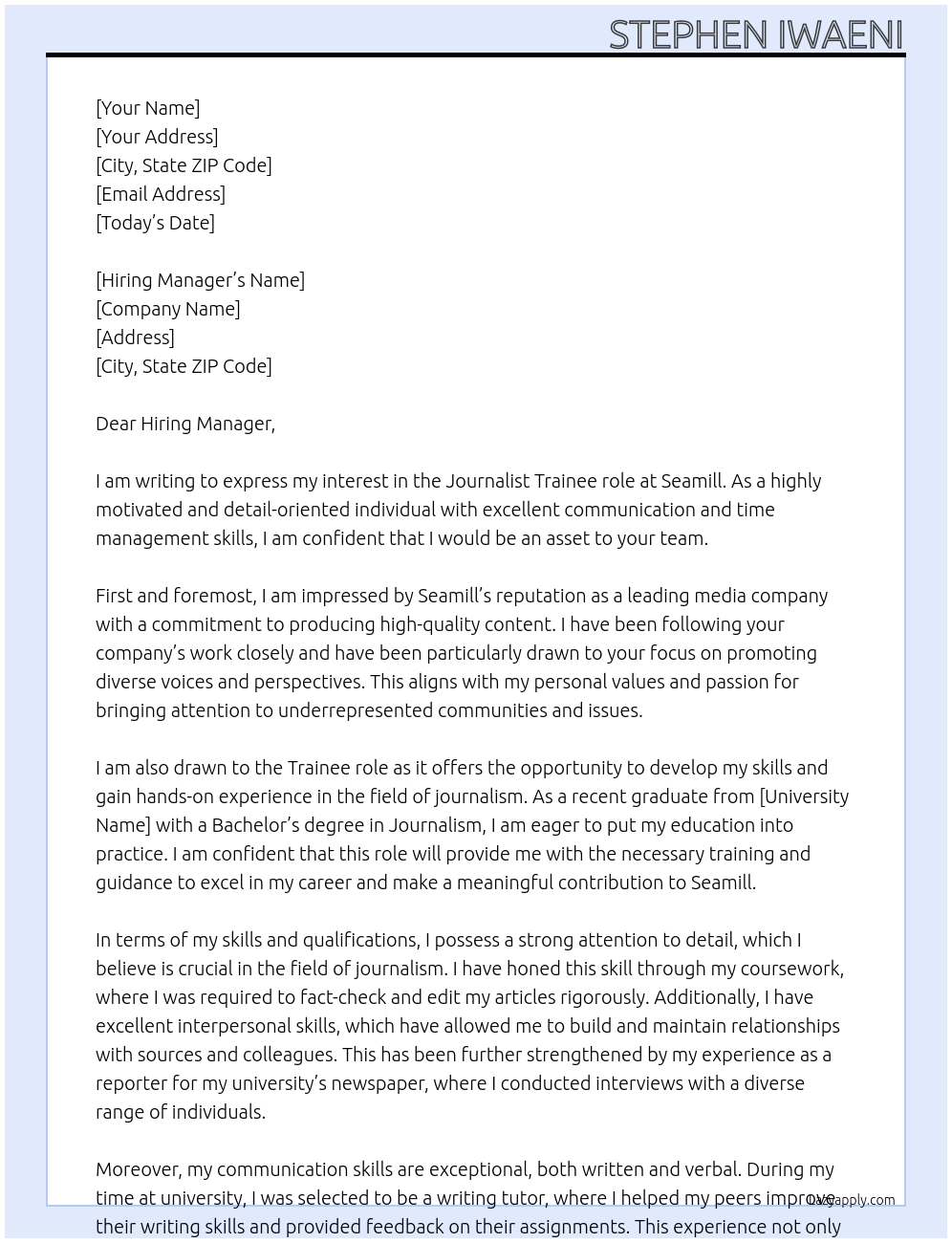 Journalist At Seamill Cover Letter