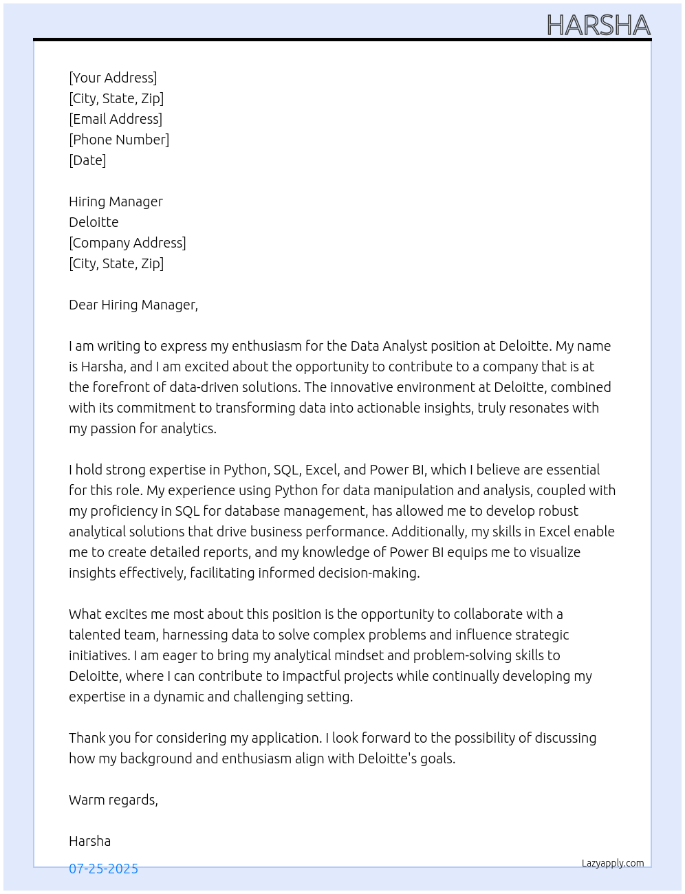 Data analyst At Deloitte Cover Letter