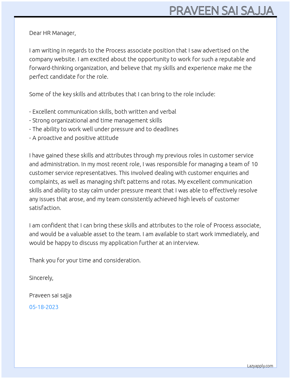 Process associate At Process associate Cover Letter