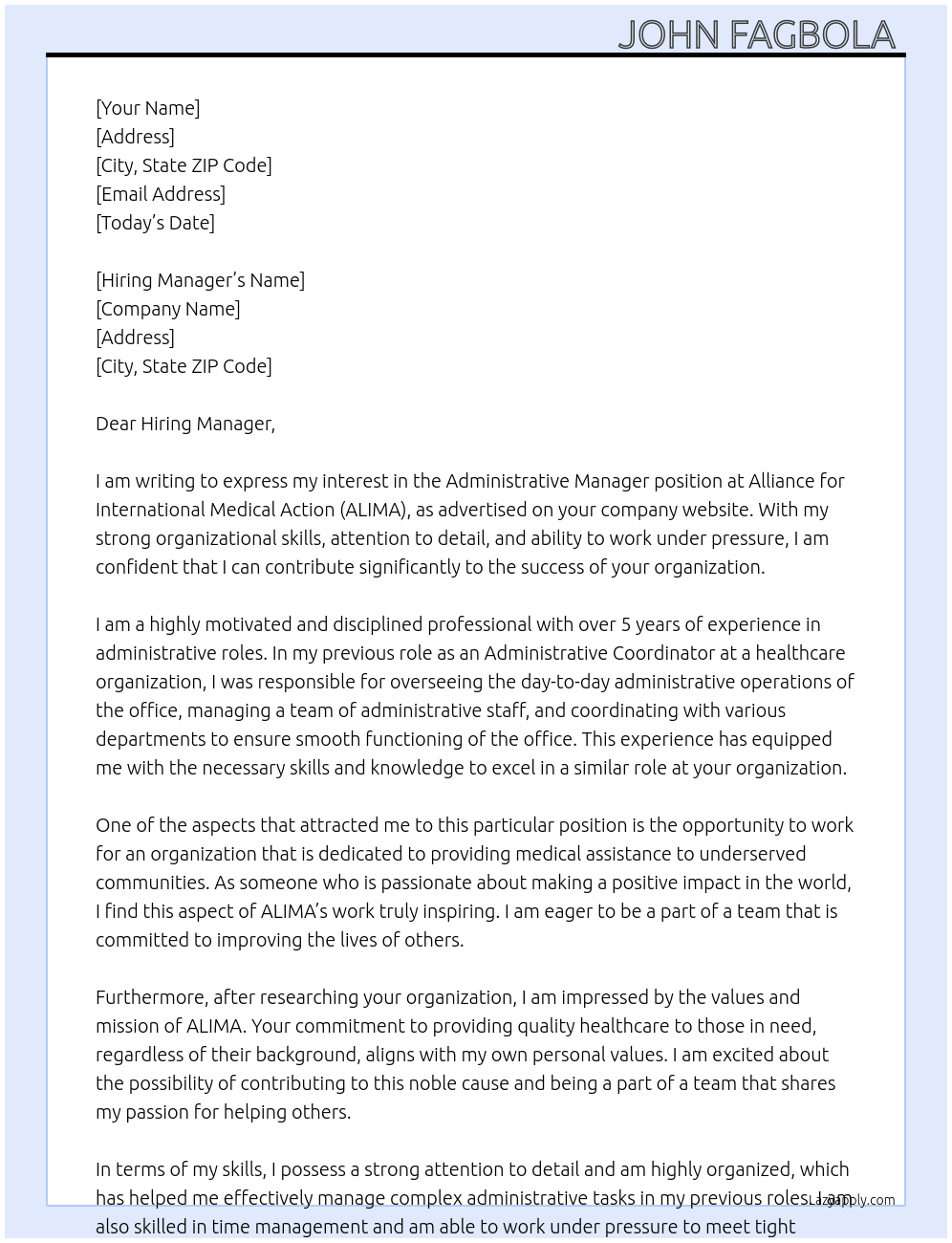 Administrative Manager  At Alliance for international medical Action (ALIMA ) Cover Letter