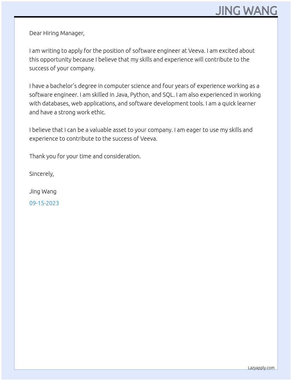 software Engineer At Veeva Cover Letter