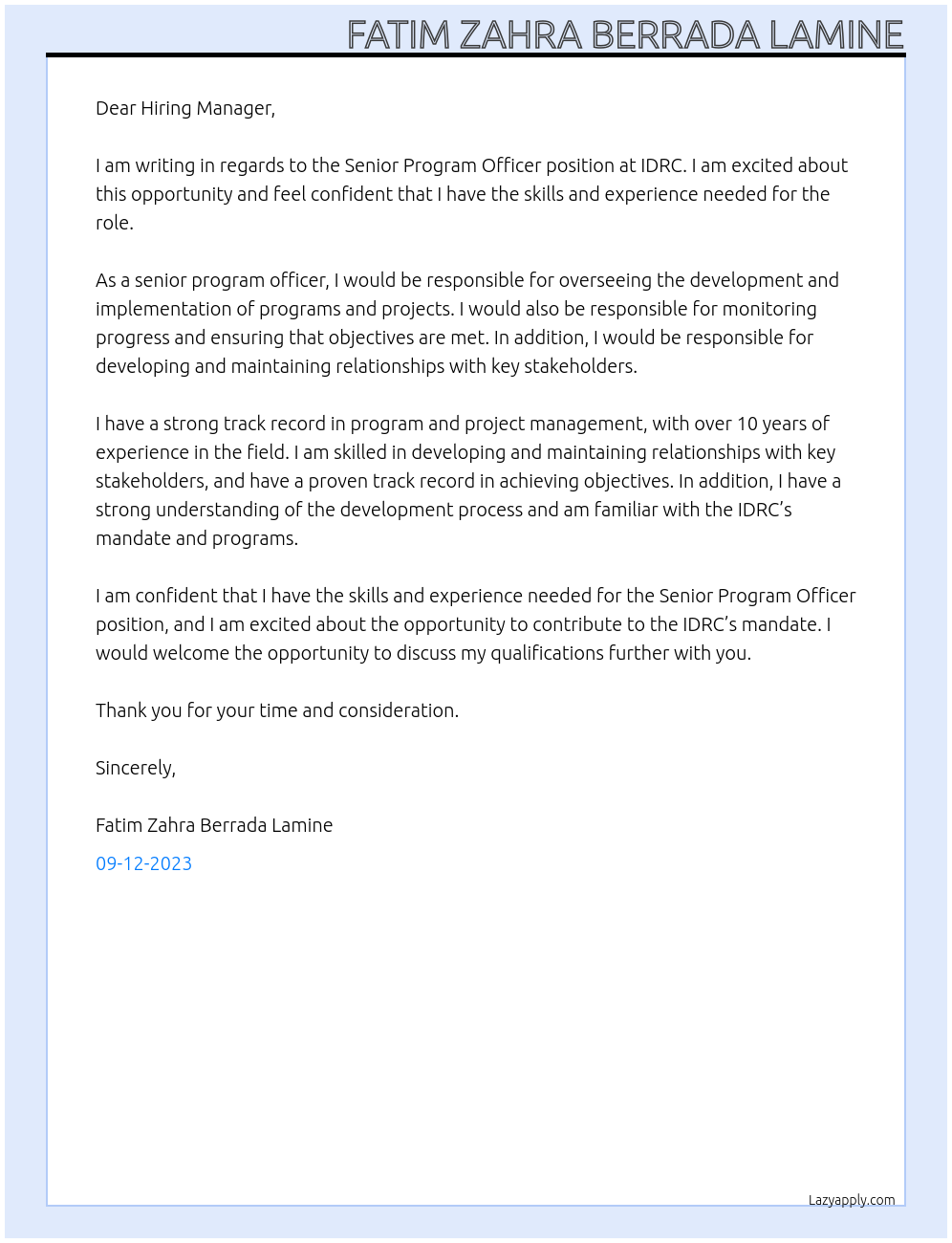 Senior Program officer At IDRC Cover Letter