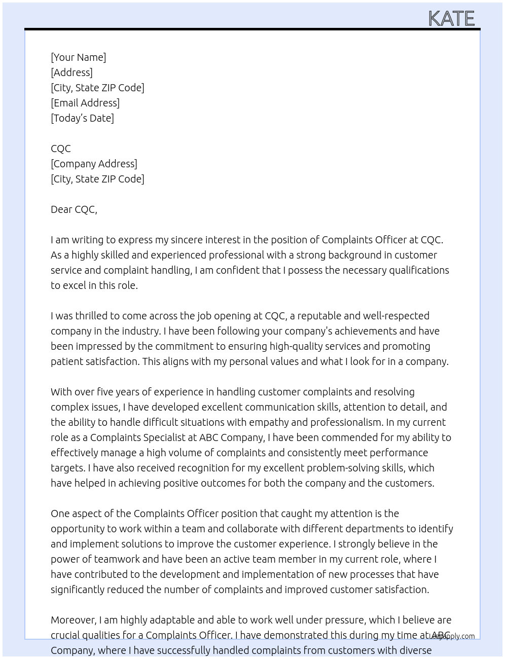 Complaints Officer At CQC Cover Letter