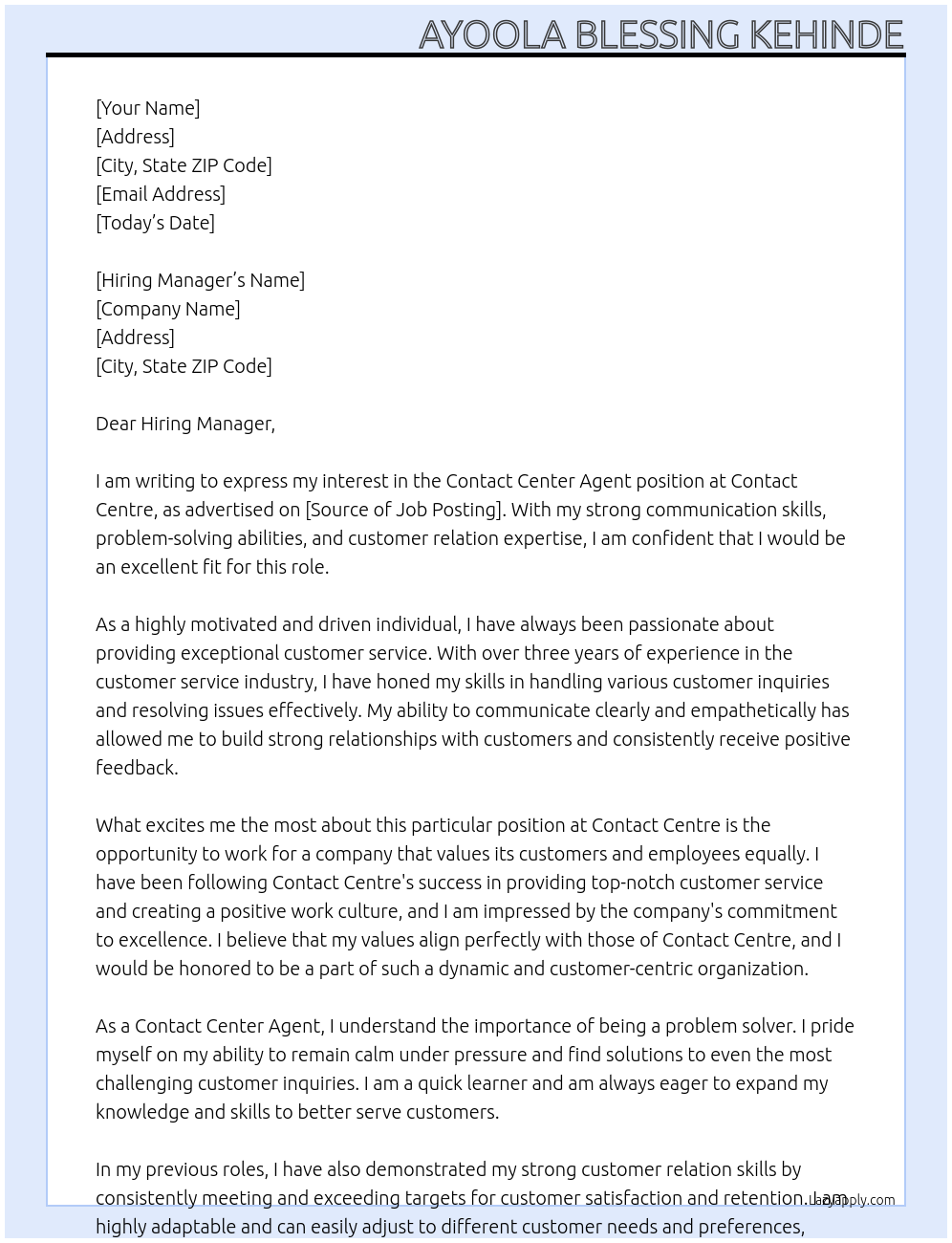 Contact Center agent At Contact centre Cover Letter