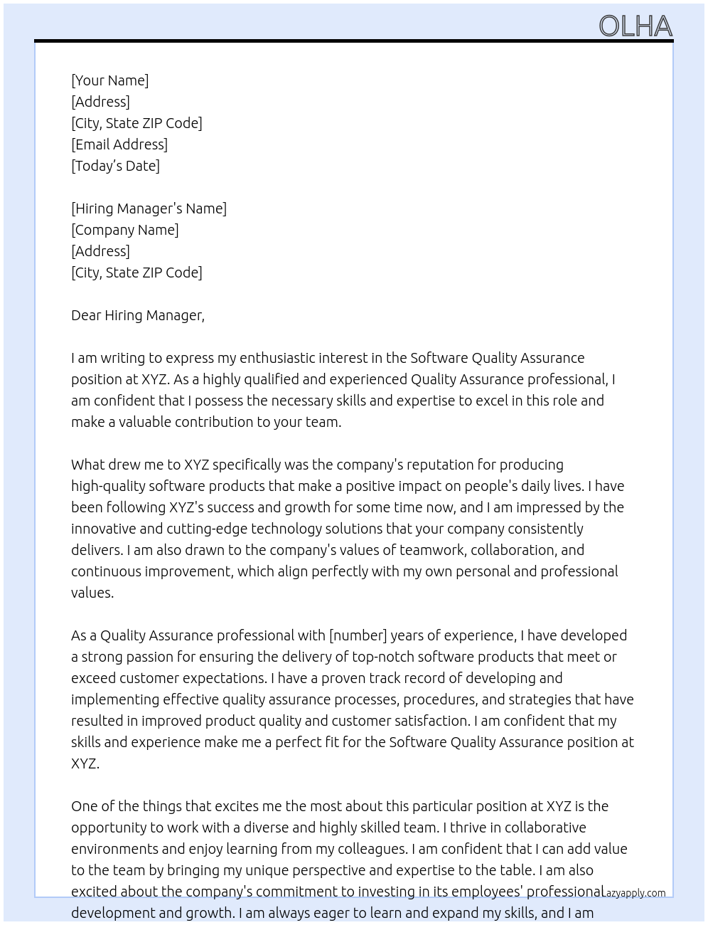 Software Quality Assurance  At XYZ Cover Letter
