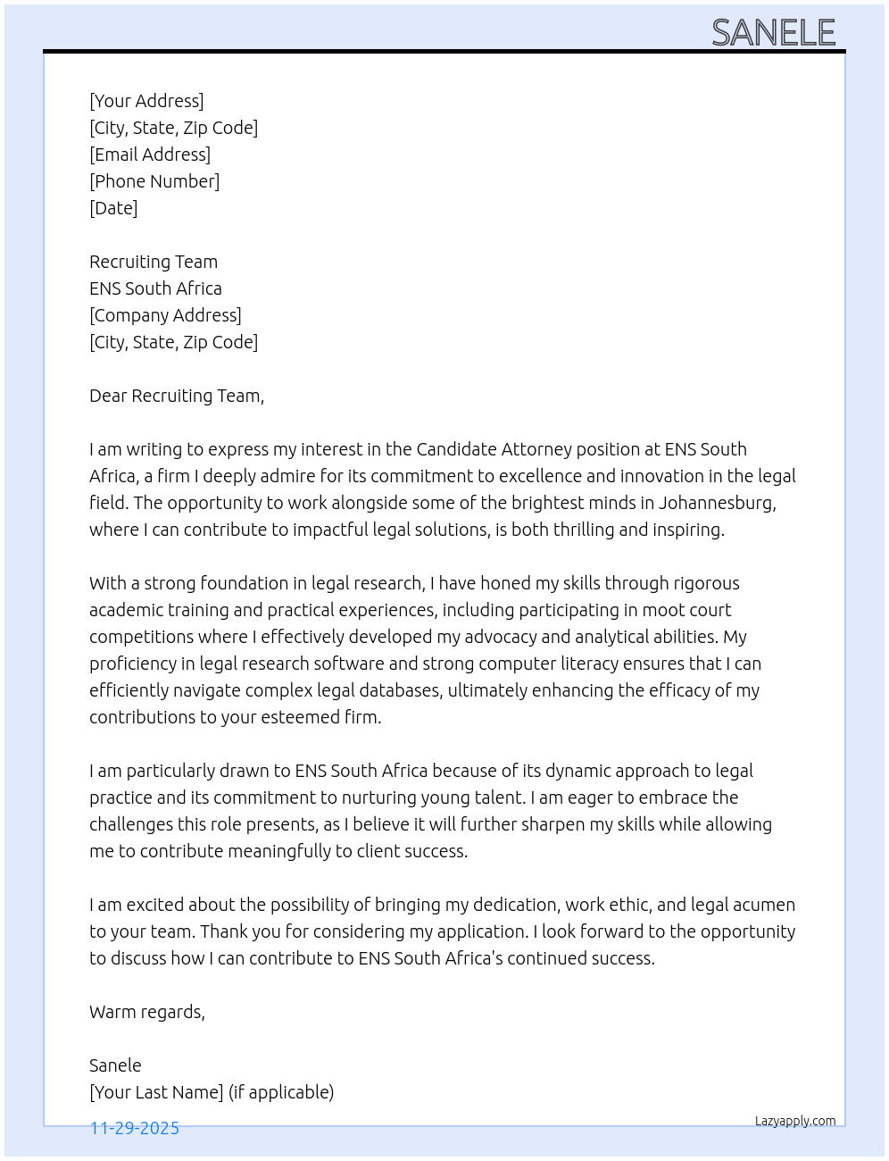 Candidate attorney At ENS South African Cover Letter