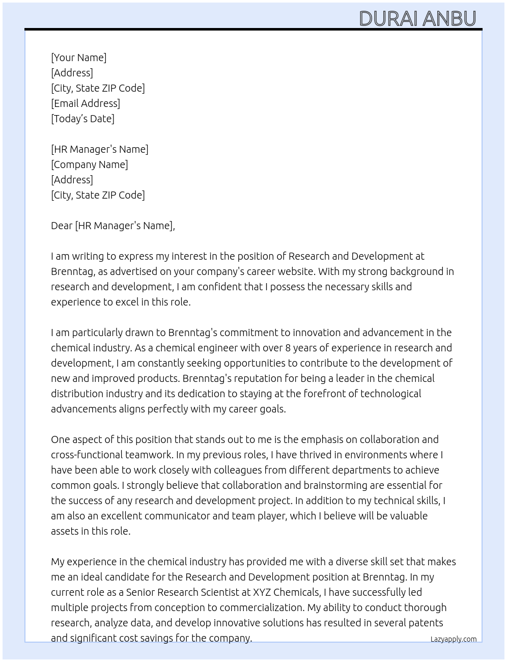 Research and development At Brenntag Cover Letter