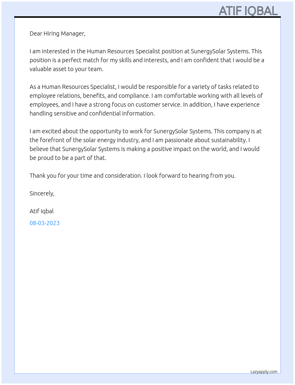 Human Resources Specialist At SunergySolar Systems Cover Letter