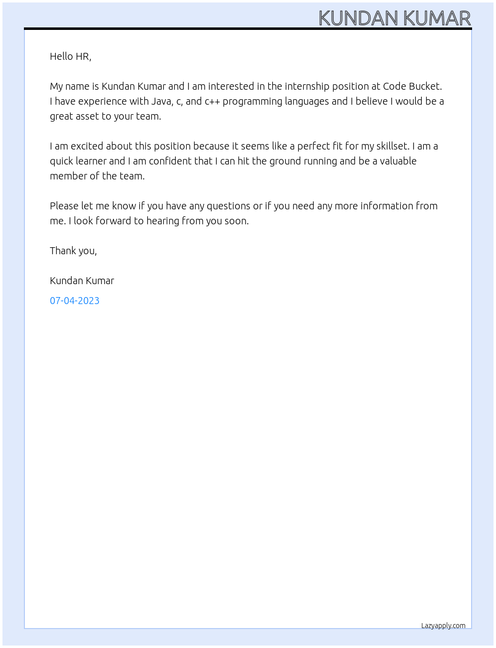 intership At code bucket Cover Letter